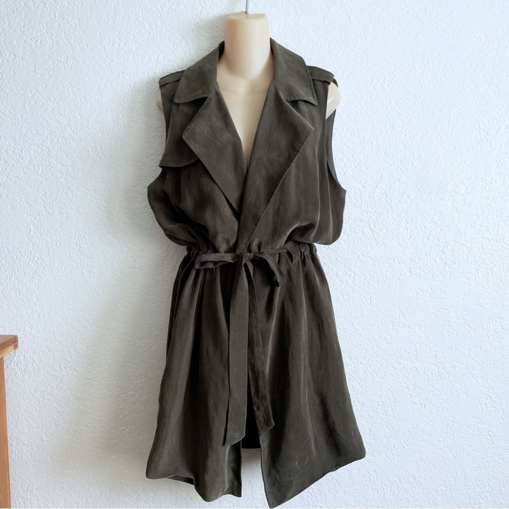 Anthropologie Elevenses Olive Green Sleeveless Wrap Trench Long Vest LARGE